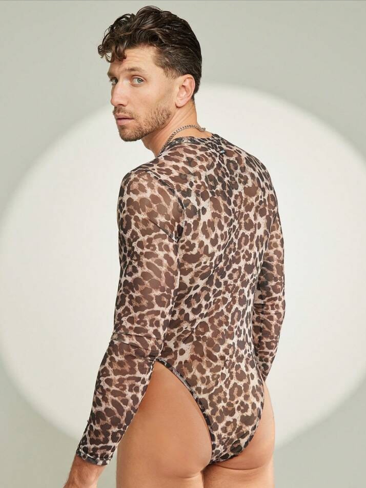 BONGA BOYS Men's Leopard Print Mesh Sheer Long Sleeve Bodysuit